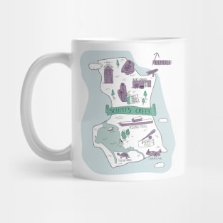 The Town of Schitt's Creek, hand drawn map of all of the town landmarks in purples, blues and minty greens. Mug